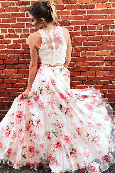 Two Piece Jewel Sweep Train Pink Printed Tulle Sleeveless Prom Dress with Appliques LR63