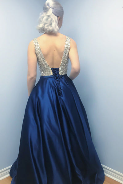 A-Line V-Neck Backless Sweep Train Dark Blue Satin Prom Dress with Beading LR30