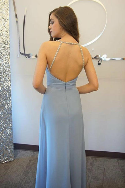 A-Line Spaghetti Straps Light Sky Blue Open Back Prom Dress with Beading LR491 | ballgownbridal