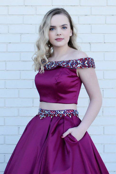Two Piece Off-the-Shoulder Sweep Train Grape Satin Prom Dress with Beading Pockets LR189