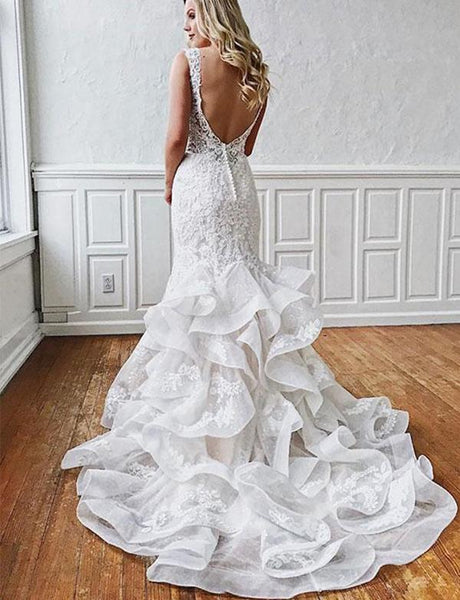 Gorgeous White Mermaid Wedding Dresses V Neck with Appliques PDA023 | ballgownbridal