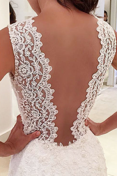 Mermaid V-Neck Court Train Backless White Chiffon Wedding Dress with Lace AHC599