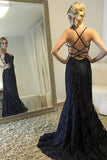 Mermaid Deep V-Neck Sweep Train Criss-Cross Straps Black Sequined Prom Dress LR303