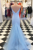 Mermaid Spaghetti Straps Sweep Train Blue Sequined Backless Prom Dress LR402
