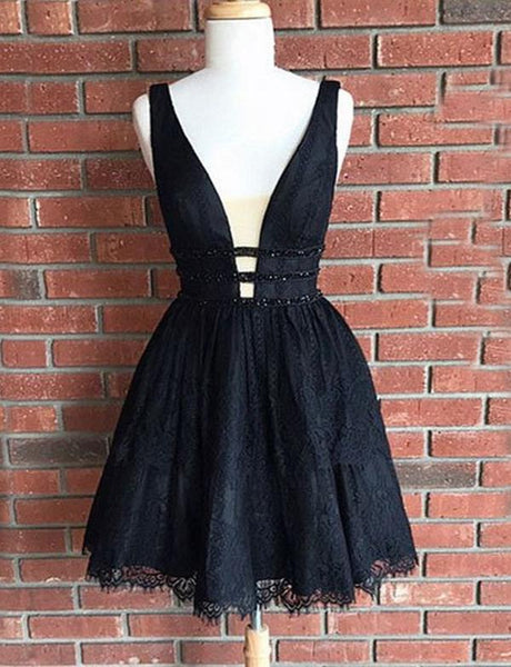 A-Line Deep V-Neck Short Black Lace Homecoming Cocktail Dress with Beading PDA084 | ballgownbridal