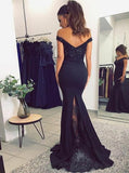 Mermaid Off-the-Shoulder Sweep Train Navy Blue Prom Dress with Beading Appliques PDA523 | ballgownbridal