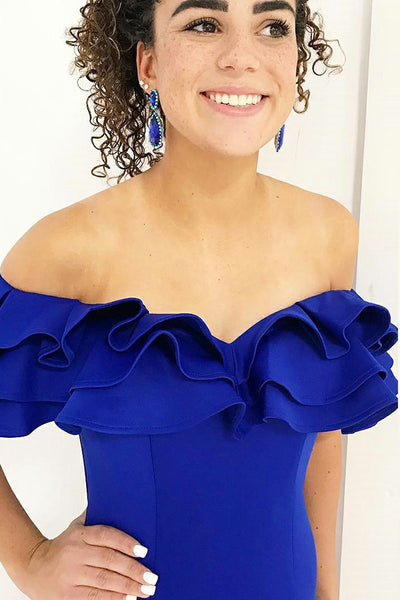 Mermaid Off-the-Shoulder Sweep Train Royal Blue Satin Prom Dress with Ruffles LR157