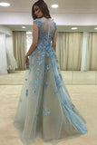 Mermaid Crew Detachable Light Blue Tulle Appliques Prom Dress with Beading AHC520