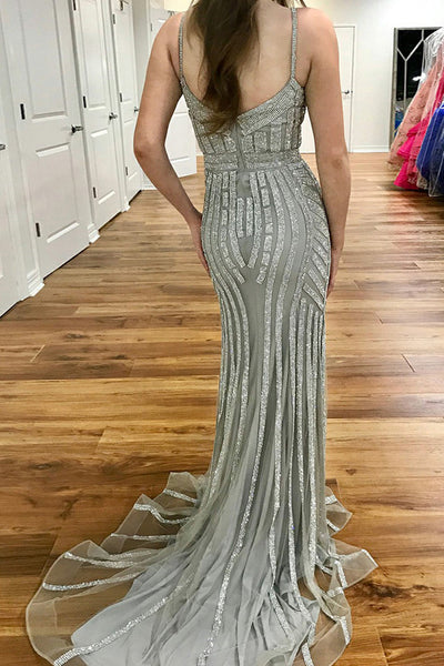 Mermaid Spaghetti Straps Sweep Train Silver Tulle Prom Dress with Beading LR220