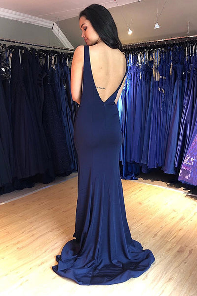 Mermaid Backless Sweep Train Dark Blue Prom LR24