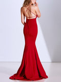 Mermaid Spaghetti Straps Backless Sweep Train Red Prom Dress with Appliques Beading PDA411 | ballgownbridal