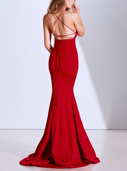 Mermaid Spaghetti Straps Backless Sweep Train Red Prom Dress with Appliques Beading PDA411 | ballgownbridal