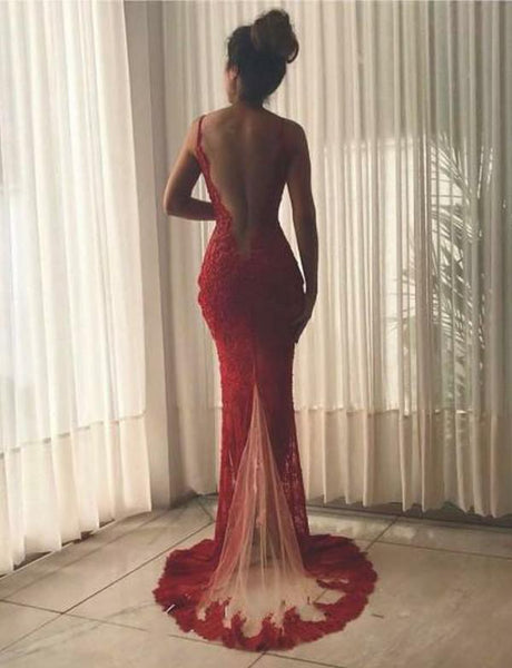 Mermaid Deep V Neck Red Lace Long Prom Evening Dresses with Split Front PDA194 | ballgownbridal
