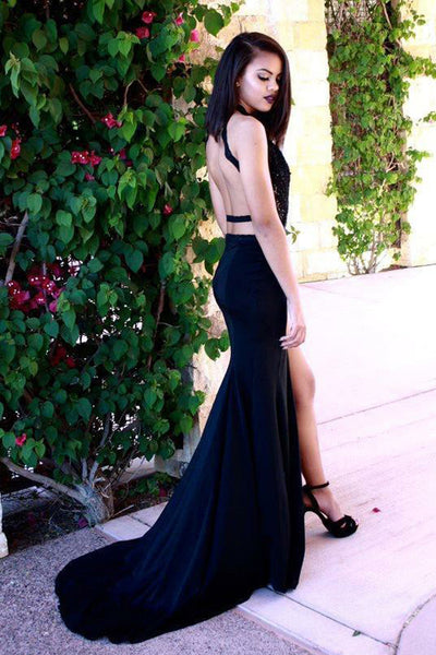Mermaid High Neck Sweep Train Black Chiffon Backless Prom Dress with Appliques AHC500