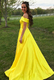 A-Line Off-the-Shoulder Swewep Train Yellow Satin Sleeveless Prom Dress with Pockets LR216