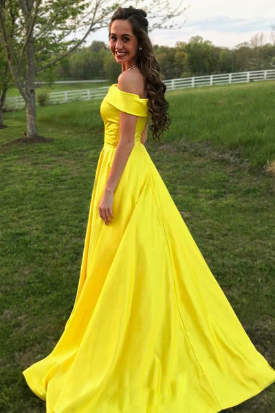 A-Line Off-the-Shoulder Swewep Train Yellow Satin Sleeveless Prom Dress with Pockets LR216