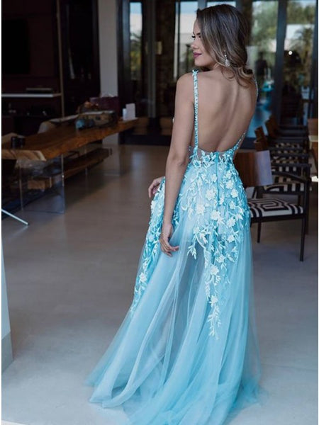 A-Line V-Neck Backless Floor-Length Light Blue Prom Dress with Appliques PDA377 | ballgownbridal