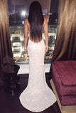 Mermaid Deep V-Neck Sweep Train Criss-Cross Straps Ivory Sequined Prom Dress AHC693 | ballgownbridal
