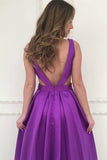 A-Line V-Neck Sweep Train Grape Satin Cut Out Backless Prom Dress AHC540