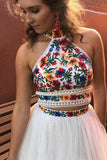 Two Piece High Neck Sweep Train White Tulle Open Back Prom Dress with Embroidery LR223