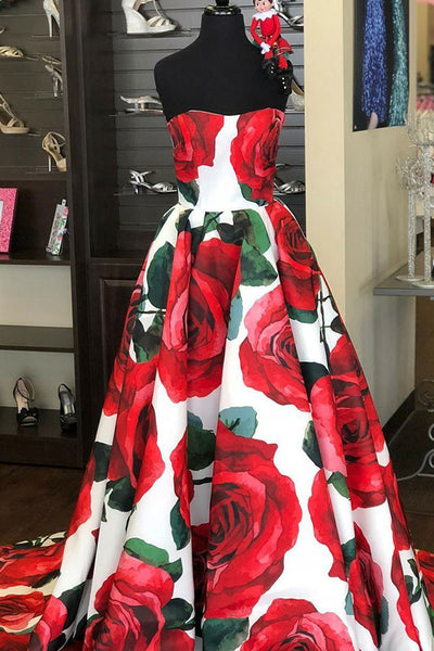 A-Line Sweetheart Sweep Train White Printed Satin Prom Dress with Pockets LR130