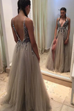 Grey Backless Deep V-neck Split Sweep Train Prom Dress with Beading LR12