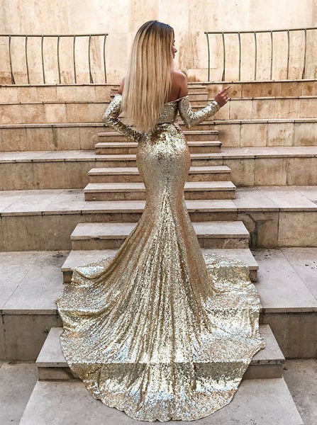 Mermaid Off-the-Shoulder Long Split Prom Dress Gold Sequined Evening Dress with Sleeves PDA410 | ballgownbridal