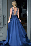 A-Line Deep V-Neck Royal Blue Satin Backless Prom Dress with Beading AHC526