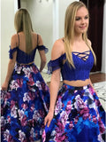 Two Piece Spaghetti Straps Royal Blue Printed Prom Dress with Lace Pockets PDA335 | ballgownbridal