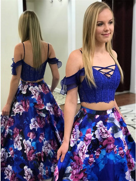 Two Piece Spaghetti Straps Royal Blue Printed Prom Dress with Lace Pockets PDA335 | ballgownbridal