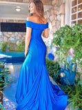 Mermaid Off-the-Shoulder Sweep Train Royal Blue Prom Evening Dress with Split PDA403 | ballgownbridal