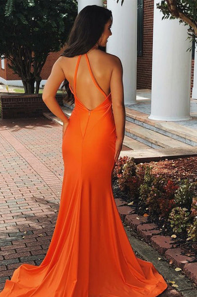 Mermaid Halter Split Orange Prom Evening Dress with Sweep Train PDA259 | ballgownbridal