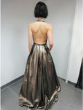 A-Line Halter Backless Long Metallic Magic Prom Dress with Pockets PDA319 | ballgownbridal