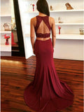 Two Piece Round Neck Open Back Burgundy Prom Dress with Appliques PDA317 | ballgownbridal
