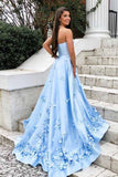 A-Line Sweetheart Sweep Train Light Blue Prom Dress with Appliques Pockets LR19