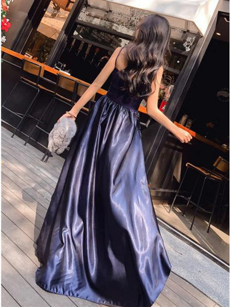 A-Line Crew High Low Navy Blue Satin Prom Dress with Appliques PDA380 | ballgownbridal