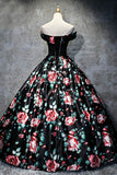 Ball Gown Off-the-Shoulder Sweep Train Black Printed Satin Sleeveless Prom Dress LR204