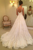 A-Line Scoop Sweep Train White Tulle Sleeveless Wedding Dress with Appliques AHC573 | ballgowmbnridal