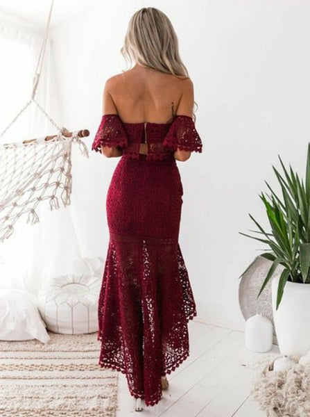 Two Piece Off-the-Shoulder Backless High Low Burgundy Lace Prom Dress PDA400 | ballgownbridal