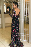 Mermaid Crew Sweep Train Long Sleeves Black Lace Backless Prom Dress LR471