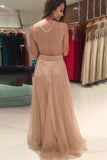 A-Line Jewel Sweep Train Champagne Tulle Prom Dress with Beading LR473