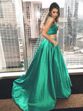 Two Piece Straps Sweep Train Hunter Satin Sleeveless Prom Dress with Pockets PDA446 | ballgownbridal