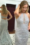 Mermaid Jewel Sweep Train Grey Lace Keyhole Backless Prom Dress with Beading LR123