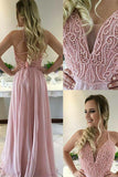 A-Line V-Neck Sweep Train Criss-Cross Straps Pink Chiffon Prom Dress with Beading LR452