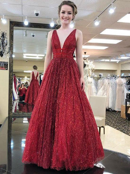 Stunning Red V Neck Sleeveless Prom Dresses Floor Length A Line Formal Party Dress  AHC545