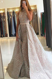 Mermaid High Neck Detachable Train Champagne Lace Sleeveless Prom Dress LR177