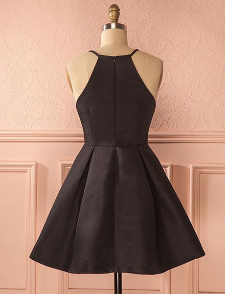 A-Line Square Neck Short Satin Black Homecoming Dress with Pleats PDA060 | ballgownbridal