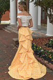 Two Piece Off-the-Shoulder Sweep Train Spots Yellow Satin Prom Dress with Ruffles LR