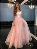 A-Line Strapless Floor-Length Pink Tulle Prom Party Dress with Belt PDA358 | ballgownbridal