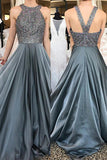A-Line Crew Sweep Train Grey Sleeveless Chiffon Prom Dress with Beading LR366 | ballgownbridal